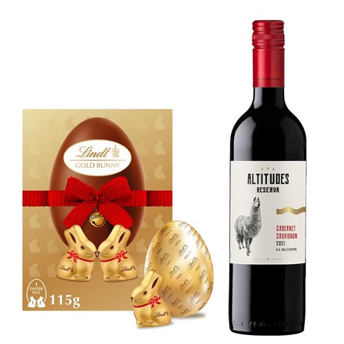 Altitudes Reserva Cabernet Sauvignon 75cl Red Wine and Lindt Lindor Gold Bunny & Milk Chocolate Easter Egg 115G